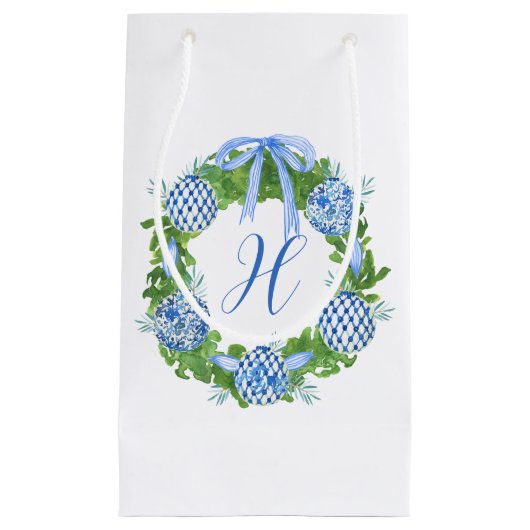 Petit Sac Cadeau Aquarelle Chinoiserie Wreath Noël Monogramme (Devant)