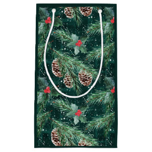 Petit Sac Cadeau Aquarelle Épinette de Noël aux cônes
