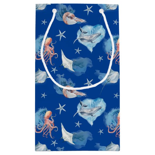 Petit Sac Cadeau Aquarelle Mer Animaux Bleu Profond (Dos)