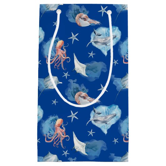 Petit Sac Cadeau Aquarelle Mer Animaux Bleu Profond (Devant)