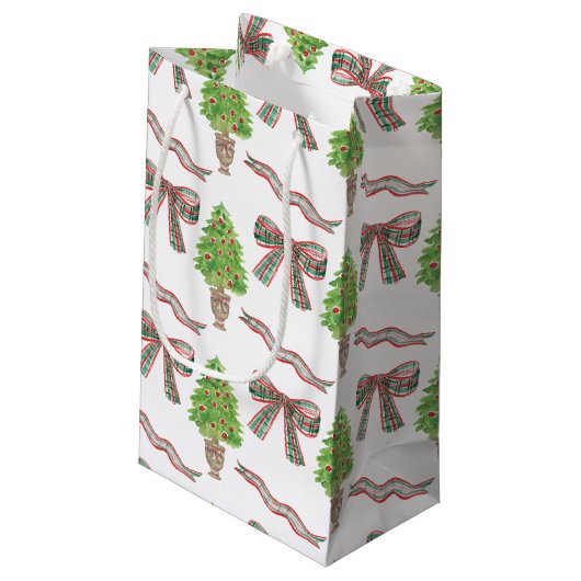 Petit Sac Cadeau Aquarelle Noël Plaid Bow & Topiary (Dos Angle)