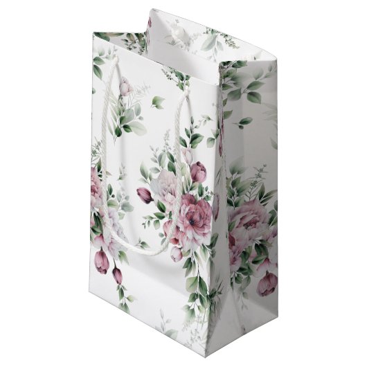 Petit Sac Cadeau Aquarelle Peonies roses et verdure (Devant Angle)