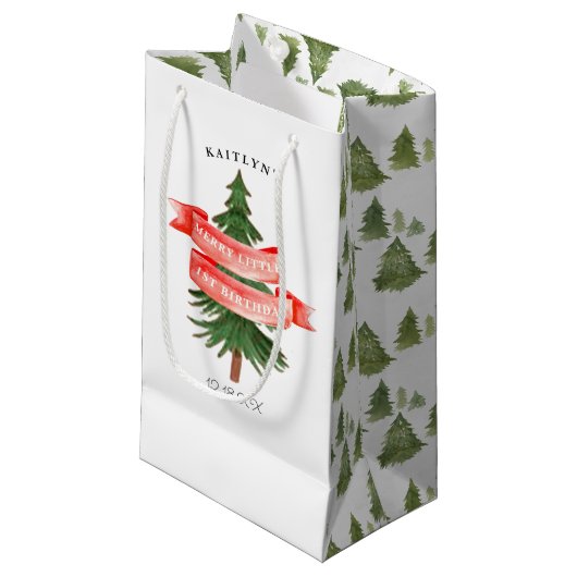 Petit Sac Cadeau Aquarelle Pine Arbre Joyeux Petit Anniversaire (Devant Angle)