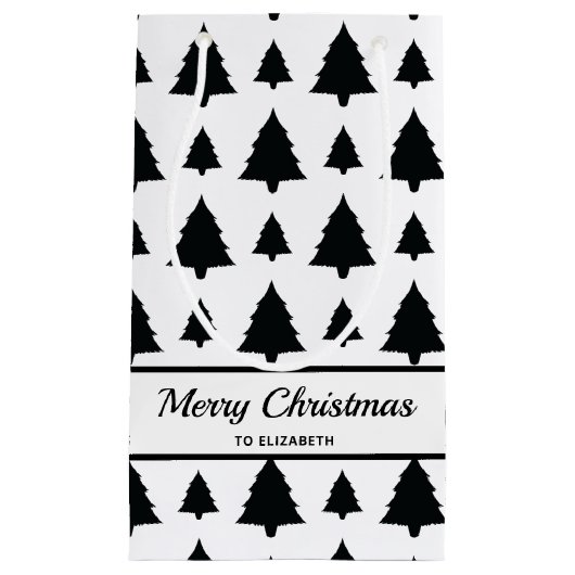 Petit Sac Cadeau Arbre de Noël noir et blanc Motif et texte (Devant)