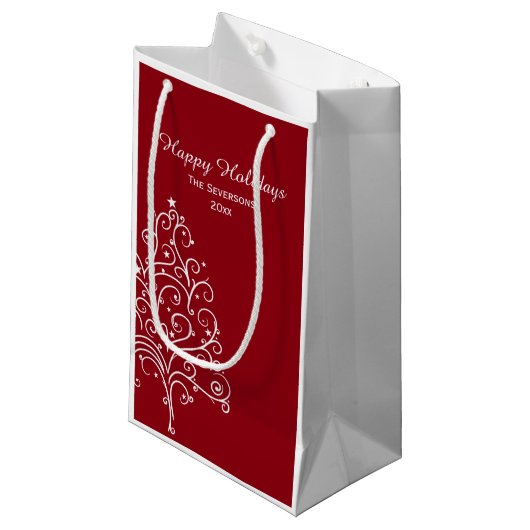 Petit Sac Cadeau Arbre de Noël rouge et blanc bonnes fêtes (Devant Angle)