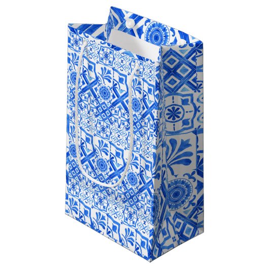 Petit Sac Cadeau Azulejo bleu et blanc Motif Azul espagnol (Devant Angle)