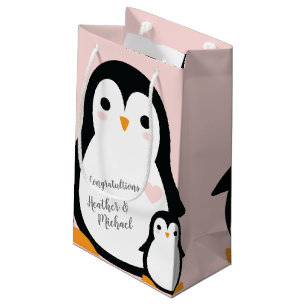 Petit Sac Cadeau Baby shower Pingouin mignon fille rose
