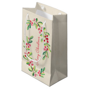 Petit Sac Cadeau Baies et feuilles à l'aquarelle Noël vacances