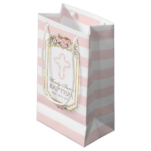 Petit Sac Cadeau Baptême d'or floral rose rayures (Devant Angle)