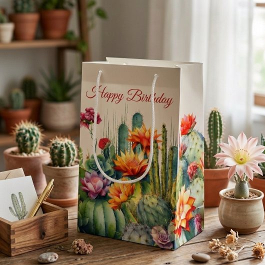 Petit Sac Cadeau Beaux Cactus Fleuris Avec Texte