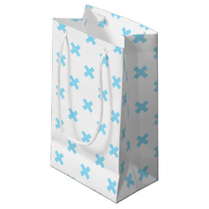 Petit Sac Cadeau Bébé bleu croix coutures sur blanc