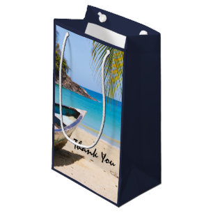 Petit Sac Cadeau Belle plage tropicale avec un Merci en bateau à mo