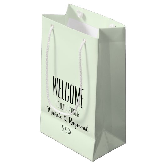 Petit Sac Cadeau Bienvenue à notre Mariage MINT GREEN Cadeaux SMALL (Devant Angle)