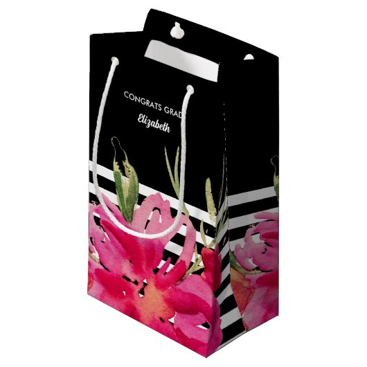 Petit Sac Cadeau Black | Fuchsia Aquarelle Florale Graduation (Devant Angle)