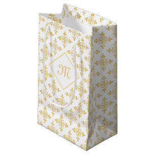 Petit Sac Cadeau Blanc de luxe et or Quatre de monogramme floral