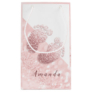 Petit Sac Cadeau Blanc rose de rose de baby shower d'or de pieds