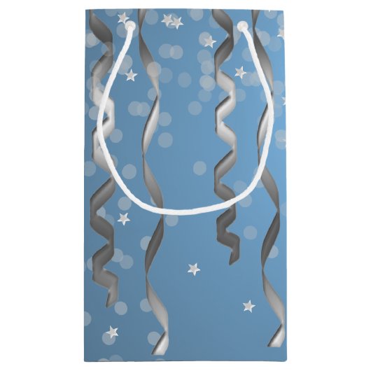 Petit Sac Cadeau Bleu avec Streamers en argent et étoiles (Dos)