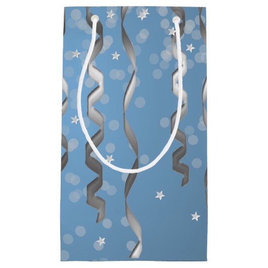 Petit Sac Cadeau Bleu avec Streamers en argent et étoiles (Devant)
