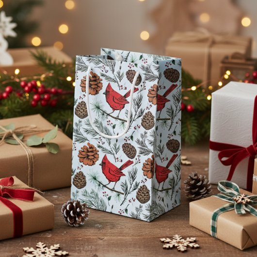 Petit Sac Cadeau Bleu clair Hiver Perché Rouge Cardinal & Pine Cône