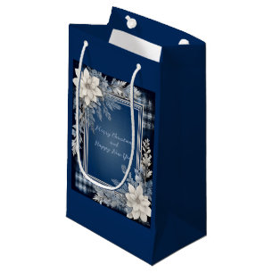 Petit Sac Cadeau Bleu et blanc Beau Noël Floral