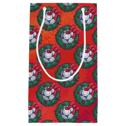 Petit Sac Cadeau Bleu festif, Motif de balle de football blanc sur (Devant)