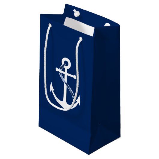 Petit Sac Cadeau Bleu marine nautique avec l'Ancre blanche (Devant Angle)