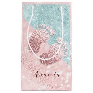 Petit Sac Cadeau Bleu rose de rose de baby shower d'or de pieds
