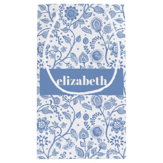 Petit Sac Cadeau Blue and White Botanical Floral Custom Name Modern (Dos)