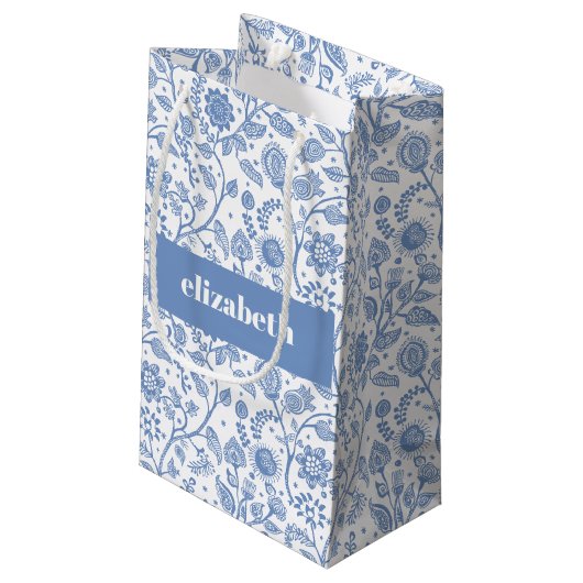 Petit Sac Cadeau Blue and White Botanical Floral Custom Name Modern (Dos Angle)