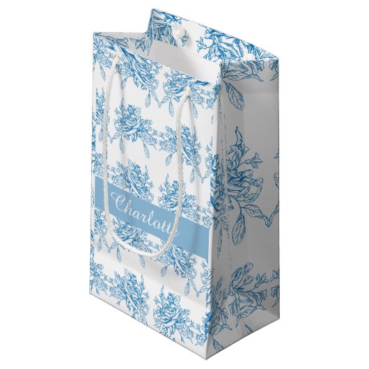 Petit Sac Cadeau Blue French Toile Pattern (Devant Angle)
