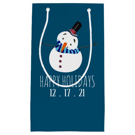 Petit Sac Cadeau Blue Snowman, Joyeuses Fêtes (Devant)