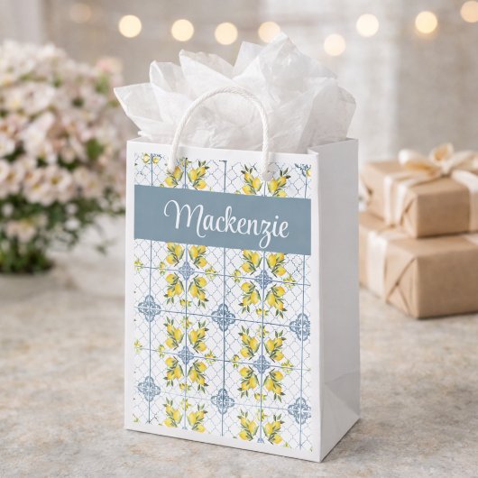 Petit Sac Cadeau Blue Tile French Country Lemon Name Monogram