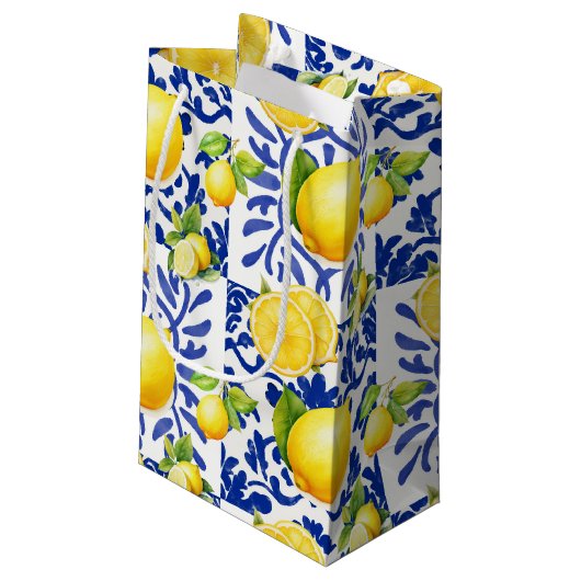 Petit Sac Cadeau Blue White Lemon Tile Pattern Mediterranean Citrus (Dos Angle)