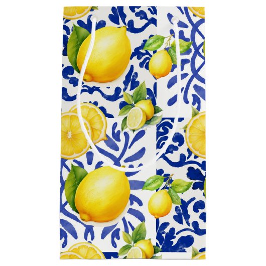 Petit Sac Cadeau Blue White Lemon Tile Pattern Mediterranean Citrus (Devant)