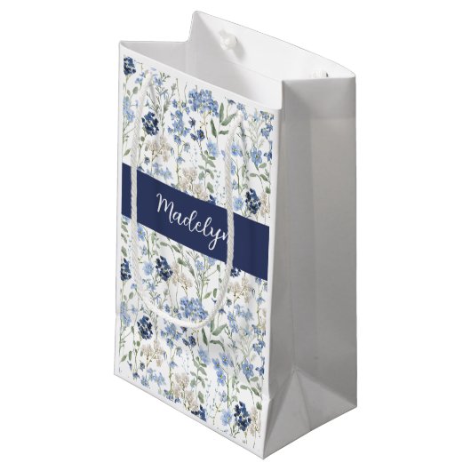 Petit Sac Cadeau Blue Wildflower Watercolor Monogram (Devant Angle)