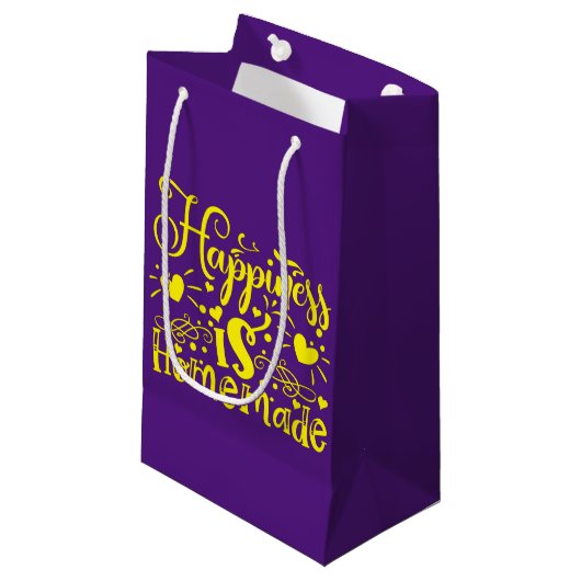 Petit Sac Cadeau Bonheur fait maison Citation violet jaune (Devant Angle)