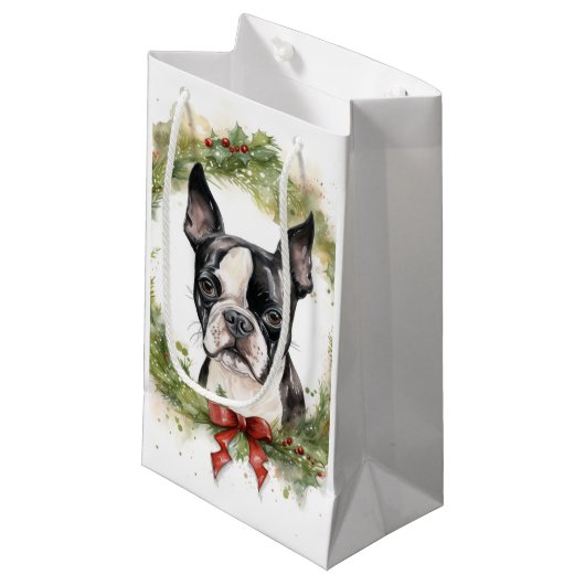 Petit Sac Cadeau Boston Terrier Noël Wreath Festive Pup (Devant Angle)
