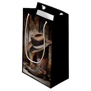 Petit Sac Cadeau bottes de cowboy en bois de grange de brun de pays
