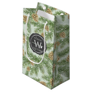 Petit Sac Cadeau Branches de pins et cônes de pins Motif d'aquarel