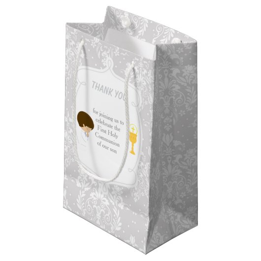 Petit Sac Cadeau Brunette Boy First Communion Damask (Devant Angle)