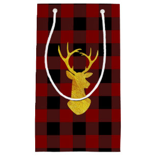 Petit Sac Cadeau Buffalo Plaid Gold Foil Christmas Deer