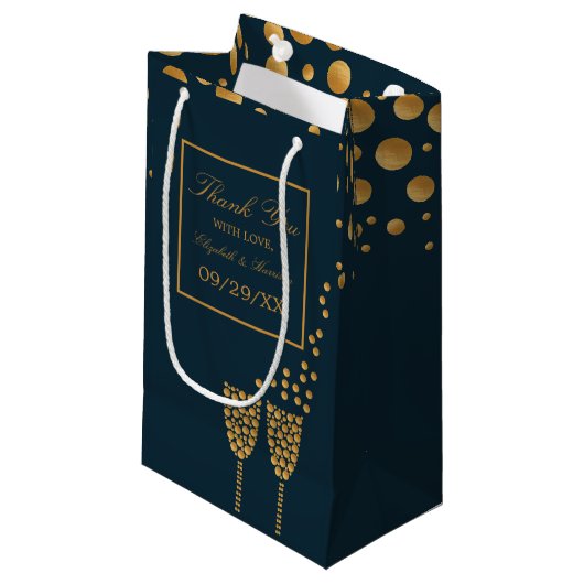 Petit Sac Cadeau Bulles de Champagne d'or, Mariage Bleu & Or (Devant Angle)