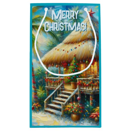 Petit Sac Cadeau Cabane Tropicale Noël Palm Tree Beach Lumières (Dos)