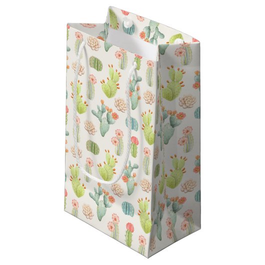 Petit Sac Cadeau Cactus en pastel mou et motif succulent (Devant Angle)
