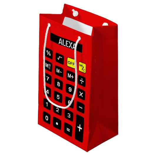 Petit Sac Cadeau Calculatrice Rouge Avec Nom Pour Anniversaire (Devant Angle)