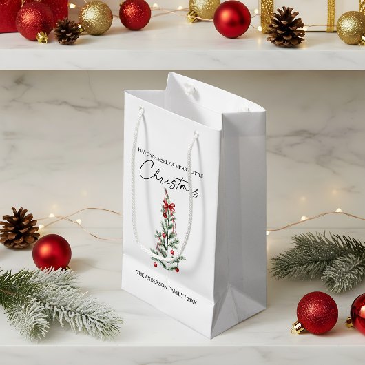 Petit Sac Cadeau Calligraphy Watercolor Christmas Tree Red Bow