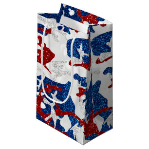 Petit Sac Cadeau Camo rouge, blanc et bleu avec paillettes pour le