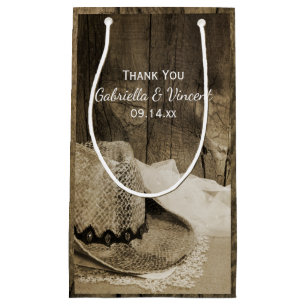 Petit Sac Cadeau Casquette Cowboy et Barn Wood Merci Mariage occide