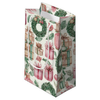 PETIT SAC CADEAU CASSE-NOIX DE NOËL À L'AQUARELLE ROSE ET VERT