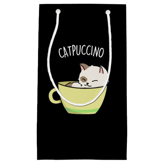Petit Sac Cadeau Catpuccino Funny Kitty Chat En Coupe Pun Dark BG (Devant)
